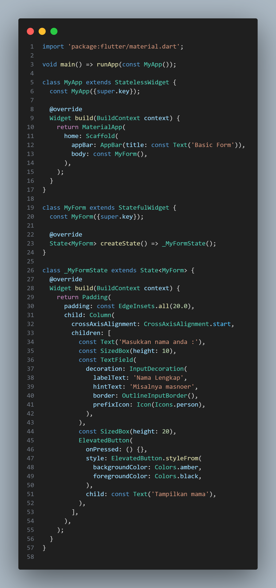 Tampilan awal Basic Form TextField