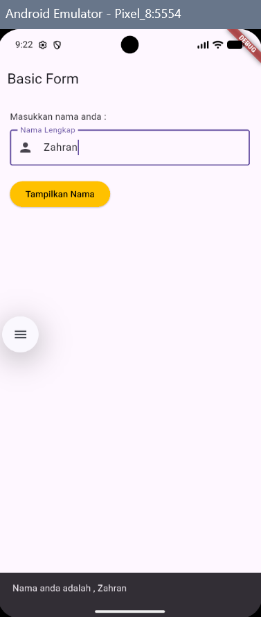 Hasil akhir Basic Form TextField