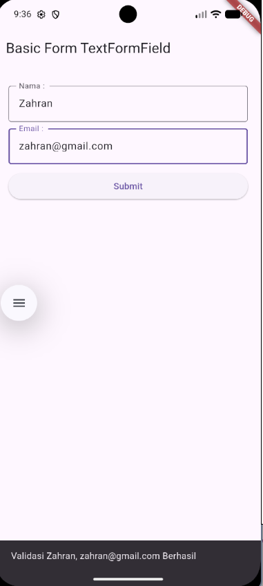 Hasil akhir Basic Form TextFormField