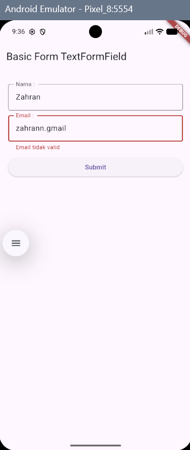 Hasil akhir Basic Form TextFormField