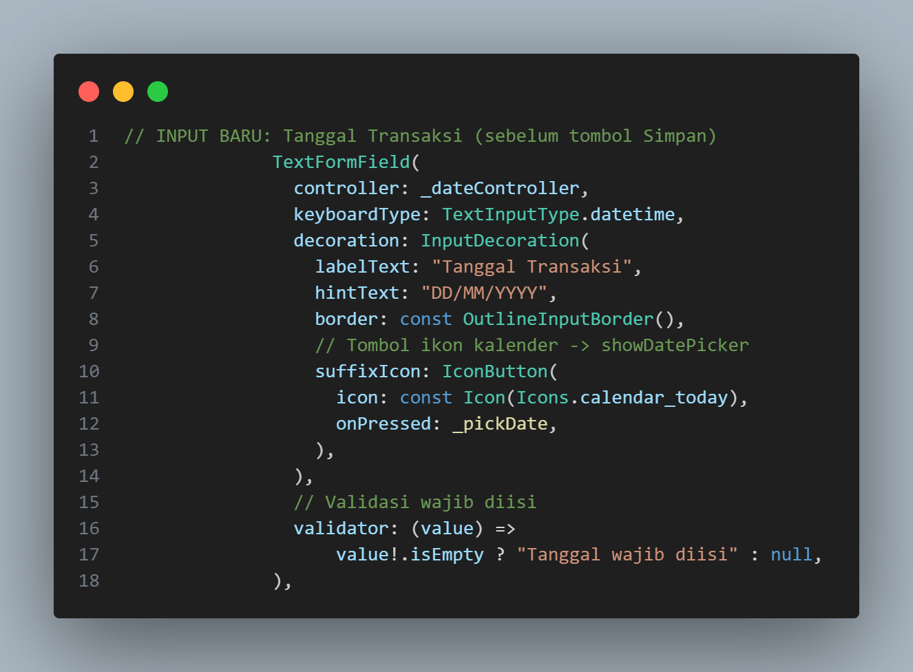 Kode TextFormField Tanggal